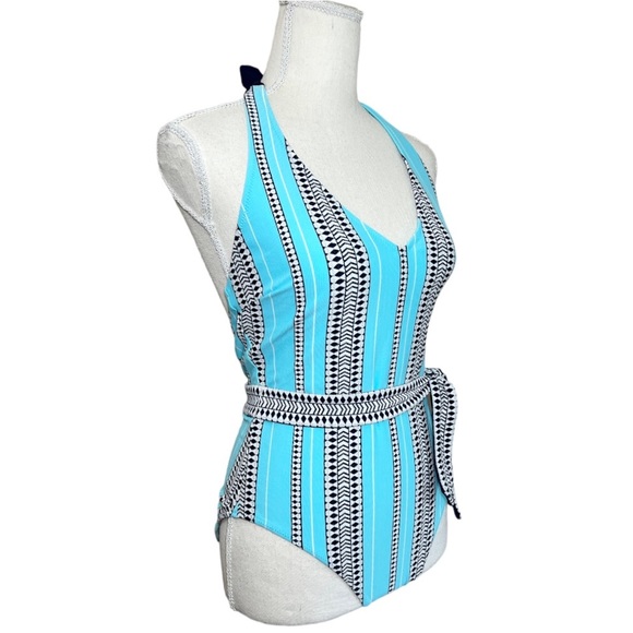 NWT Lemlem turquoise navy white tribal stripe belted swimsuit size medium - Picture 9 of 16